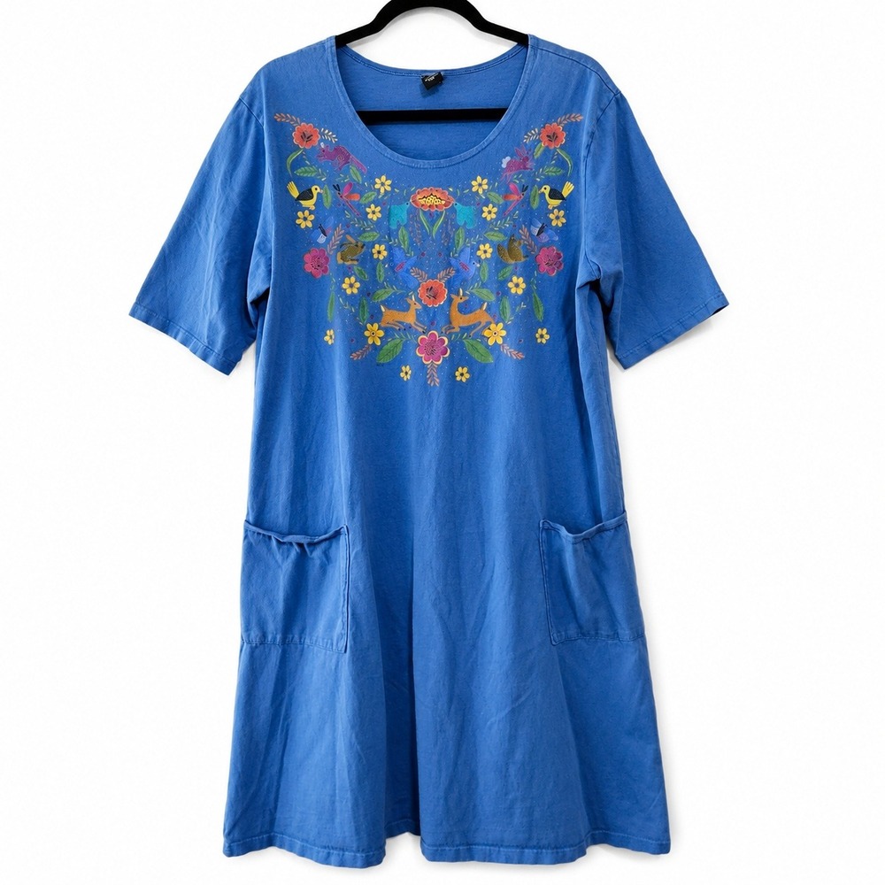 Sabaku Artwear Dress Womens L/XL Blue Midi Floral Deer Cotton Pockets Casual USA